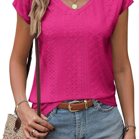 Zeagoo Top Eyelet Loose Fit Blouses Dressy Basic Hot Pink V Neck XL NWT - Picture 4 of 11